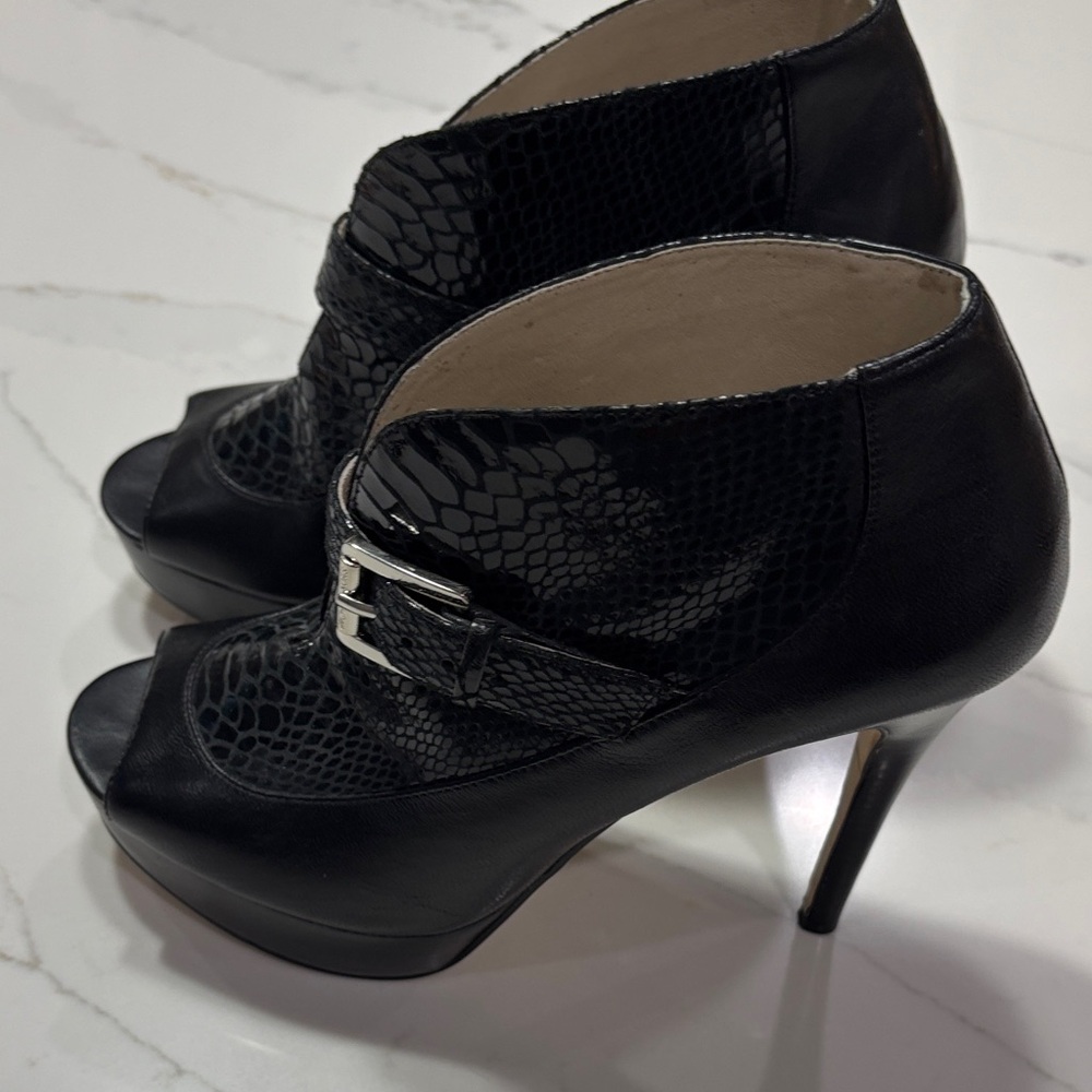 Black Peep-Toe Platform High Heel Booties with Buckle - Picture 5 of 14